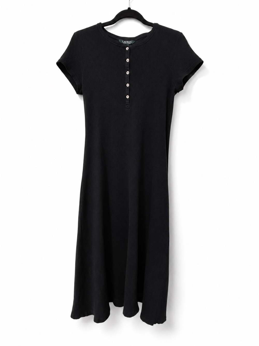 Lauren Ralph Lauren Black Ribbed 100% Cotton Henley Midi Dress M 90’s Minimalist - Picture 2 of 8